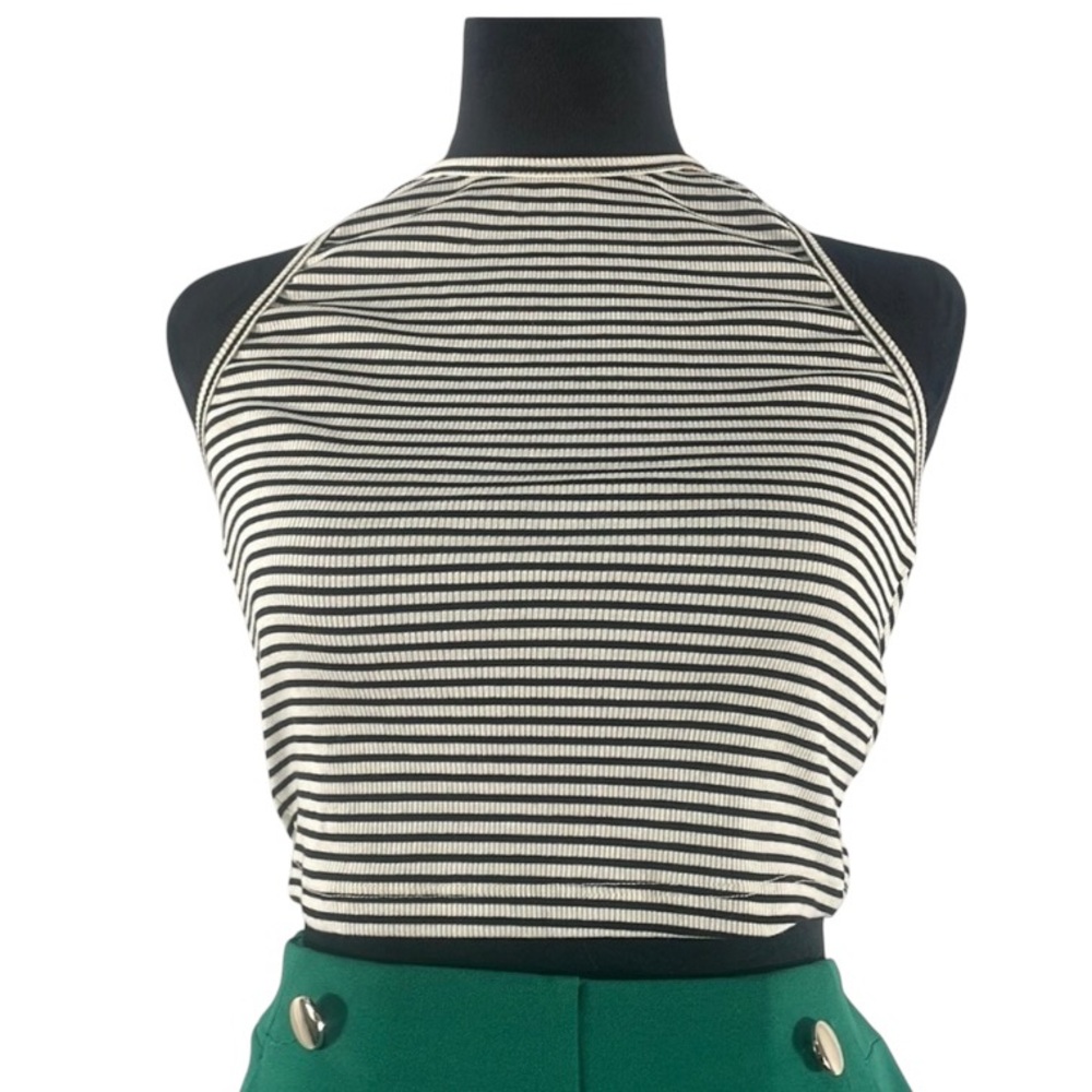 Black and White Crop Tank Top with Mock Neck and Sleeveless, Small - Picture 3 of 5